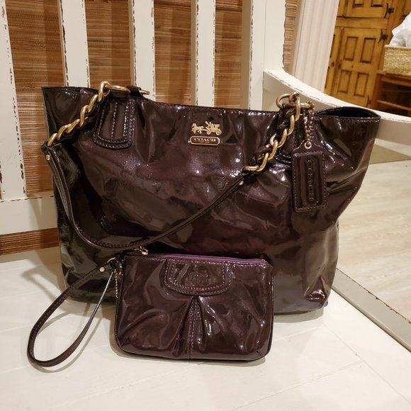 Coach Madison Dark Purple/Plum Patent Leather Purse And Matching Wristlet - Picture 1 of 15